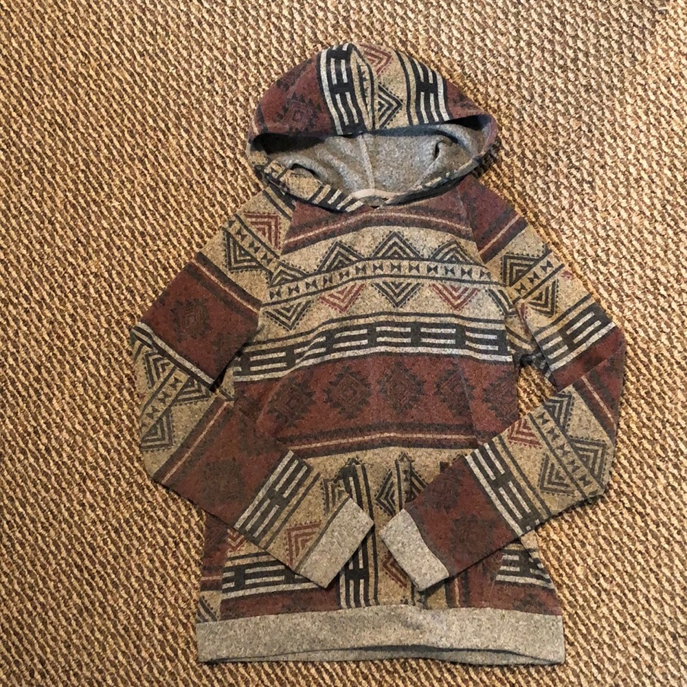 Hooded shirt;medium; grey, black, red, and brown colors; in good condition.